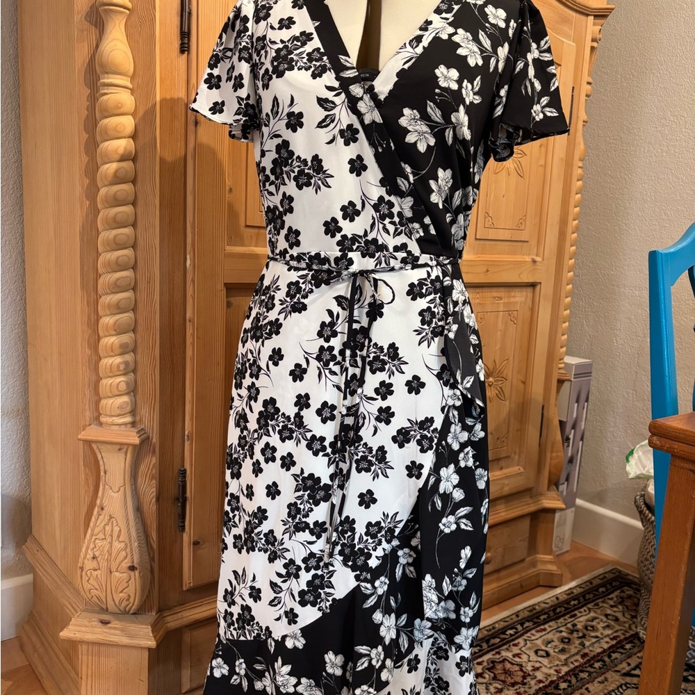 Karl Lagerfeld Black and White Asymmetrical Wrap Dress